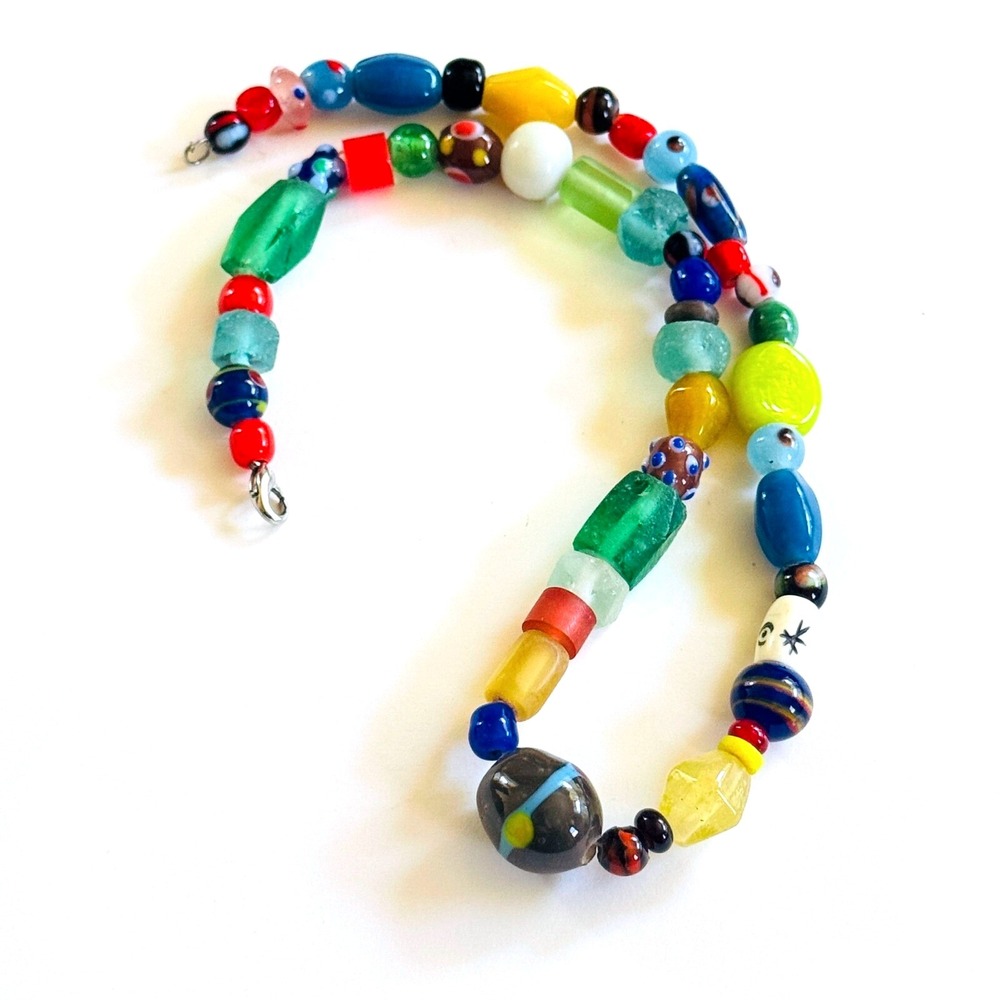 VTG BOHO Art glass Necklace Colorful Beads lampwork Murano trading rare 18"L